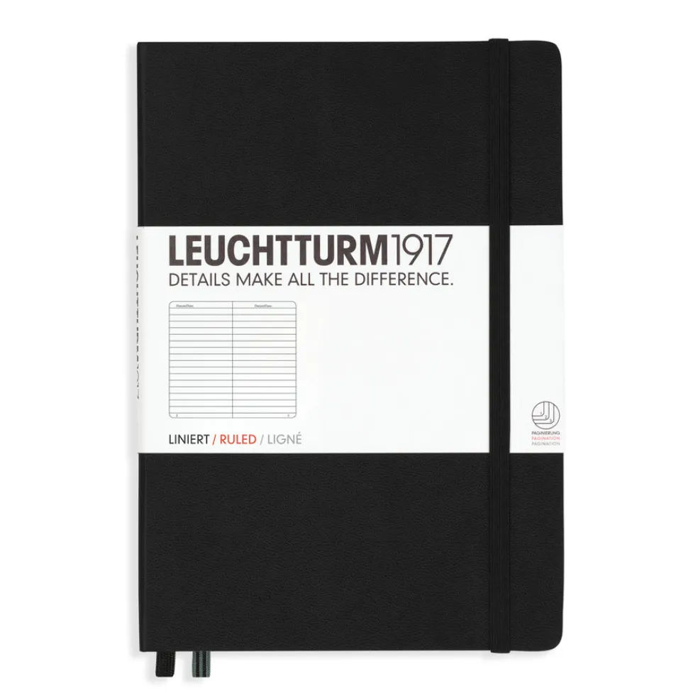Muistikirja A5/251 sivua Leuchtturm1917 Ruled Hard Black, viivallinen